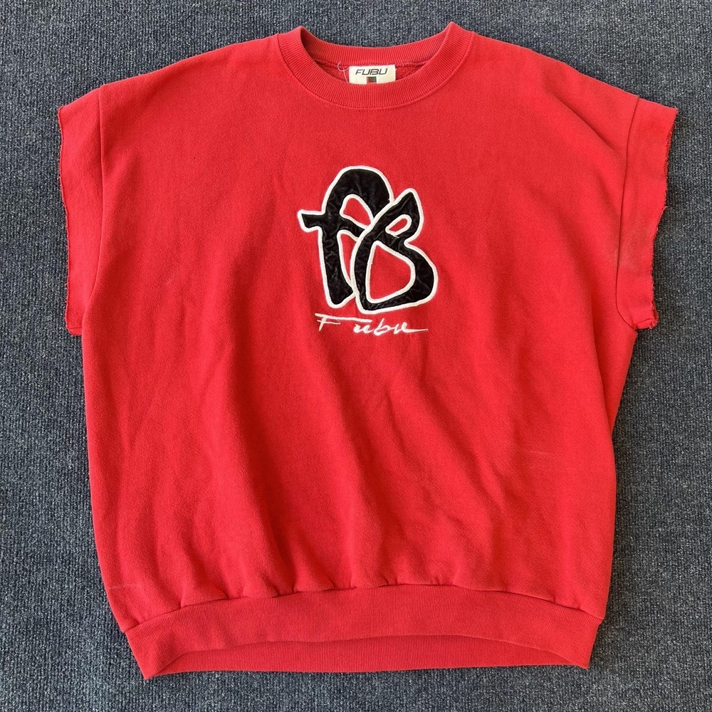 Vintage Fubu Sweater Mens 2XL Red Black Velour Logo Cutoff Crewneck 90s Hip Hop